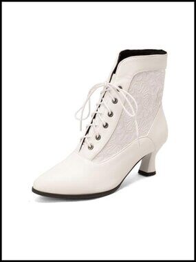 Pointed Toe Kitten Heel Ankle Boots Lace Up Victorian Witch Boots Chunky Heel PU